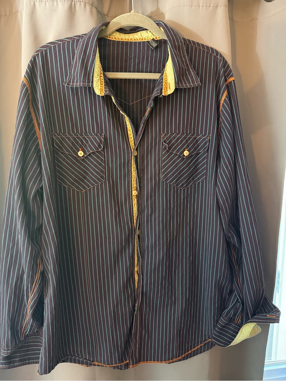 Robert Graham Navy Pinstripe Shirt with Yellow Trim Accents